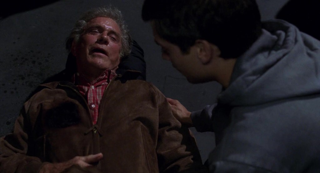 Uncle Ben (Cliff Robertson) leaves Peter Parker (Tobey Maguire) with one final piece of advice in Spider-Man (2002), Sony Pictures
