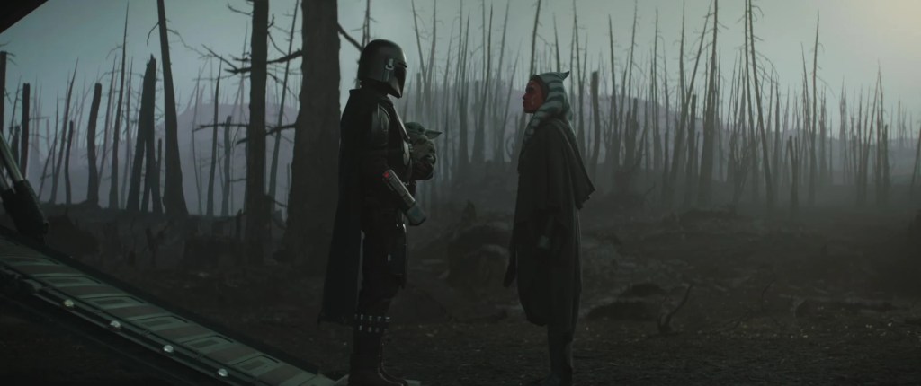 Ahsoka (Rosario Dawson) bids farewell to Din Djarin (Pedro Pascal) and Grogu in The Mandalorian Season 2 Episode 5 " Chapter 13: The Jedi" (2020), Lucasfilm