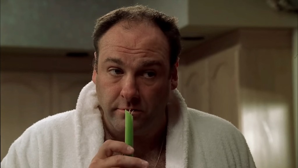 Tony (James Gandolfini) has a snack in The Sopranos Season 3 Episode 4 "Employee of the Month" (2001), HBO