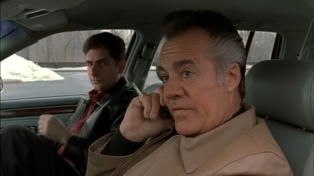 Paulie (Tony Sirico) and Christopher (Michael Imperioli) have some bad news for Tony (James Gandolfini) in The Sopranos Season 3 Episode 11 "Pine Barrens" (2001), HBO