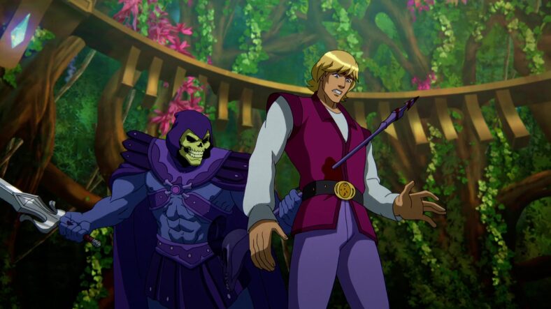 Skeletor (Mark Hamill) runs a spear through Prince Adam (Chris Woods) in Masters of the Universe: Revelation Season 1 Episode 5 "The Forge at the Forest of Forever" (2021), Netflix