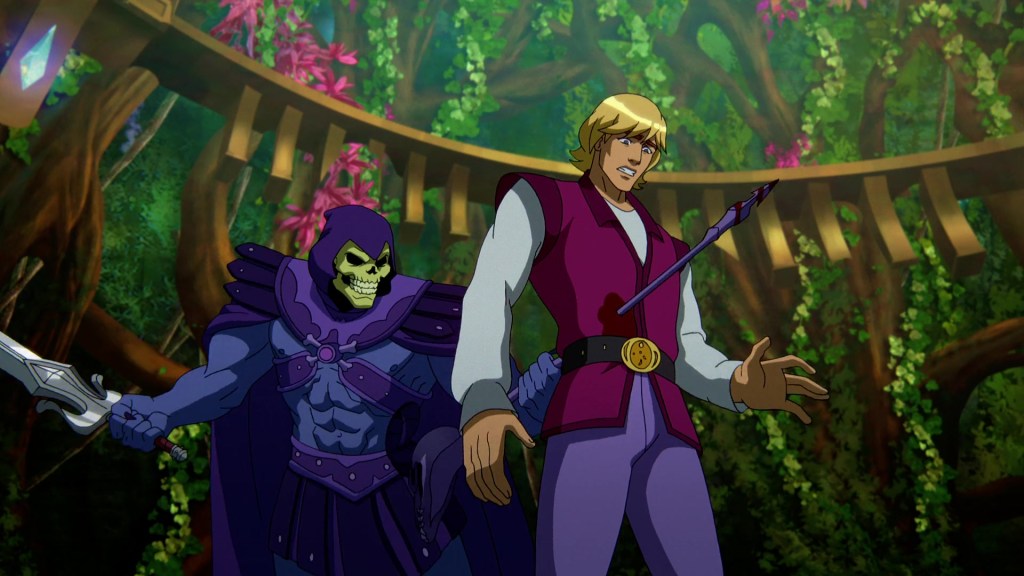 Skeletor (Mark Hamill) runs a spear through Prince Adam (Chris Woods) in Masters of the Universe: Revelation Season 1 Episode 5 "The Forge at the Forest of Forever" (2021), Netflix