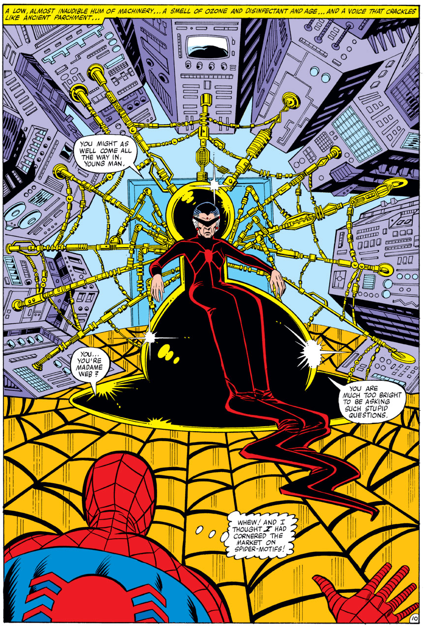 Madame Web makes her comic book debut in Amazing Spider-Man Vol. 1 #210 "The Prophecy of Madame Web!" (1980), Marvel Comics. Words by Dennis O'Neil, art by John Romita Jr., Joe Sinnott, Bob Sharen, and Jim Novak.
