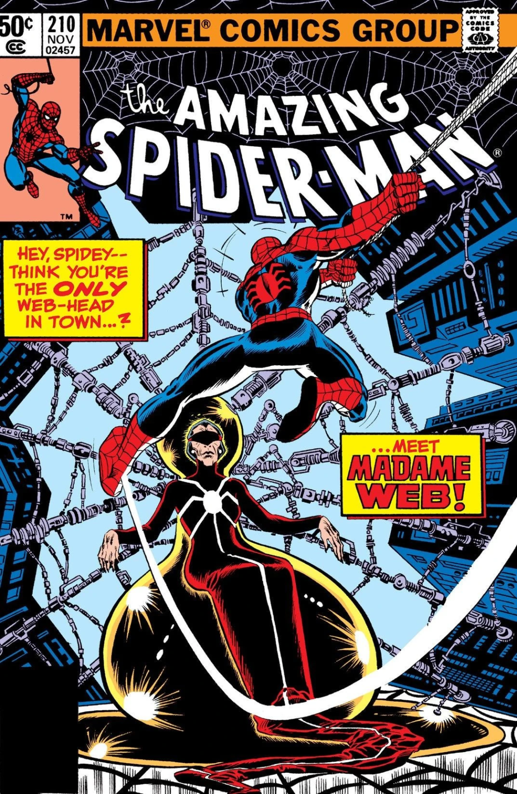 Spider-Man crosses path with Madame Web on John Romita Jr. and Allen Milgrom's cover to Amazing Spider-Man Vol. 1 #210 "The Prophecy of Madame Web!" (1980), Marvel Comics