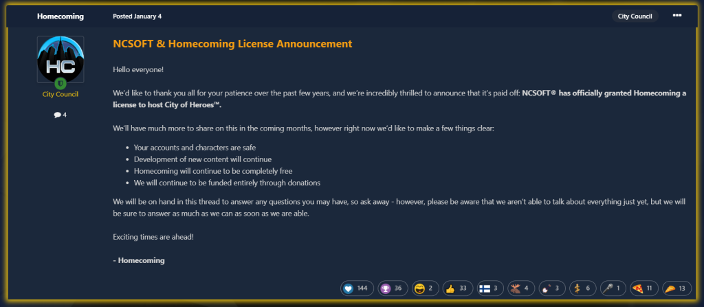 The Homecoming server announces it has acquired an official license for City of Heroes via the City of Heroes: Homecoming Forums