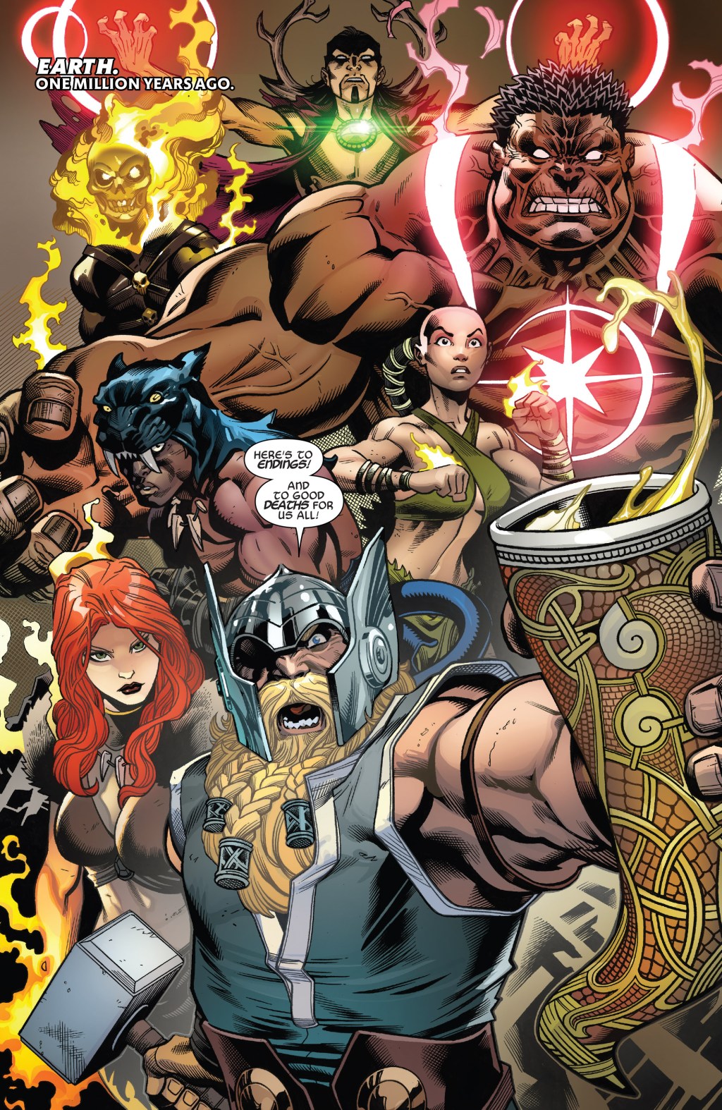 The Avengers of 1,000,000 B.C. assemble in Avengers Vol. 8 #1 "The Final Host" (2018), Marvel Comics. Words by Jason Aaron, art by Ed McGuinness, Mark Morales, David Curiel, and Cory Petit.