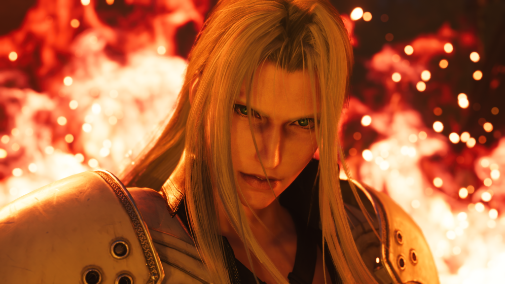 Sephiroth (Tyler Hoechlin) glares while backed by flames in Final Fantasy VII Rebirth (2024), Square Enix
