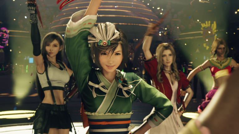 Tifa Lockhart (Britt Baron), Yuffie Kisaragi (Suzie Yeung), and Aerith Gainsborough (Briana White) dance at the Golden Saucer in Final Fantasy VII Rebirth (2024), Square Enix