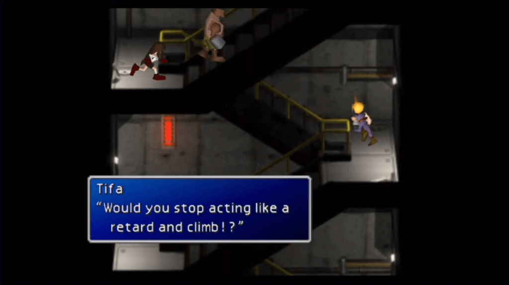 Tifa Lockhart has some words of "encouragement" and frustration for Barret Wallace as they and Cloud Strife climb the stairs of Shinra Building in Final Fantasy VII (1997), Square