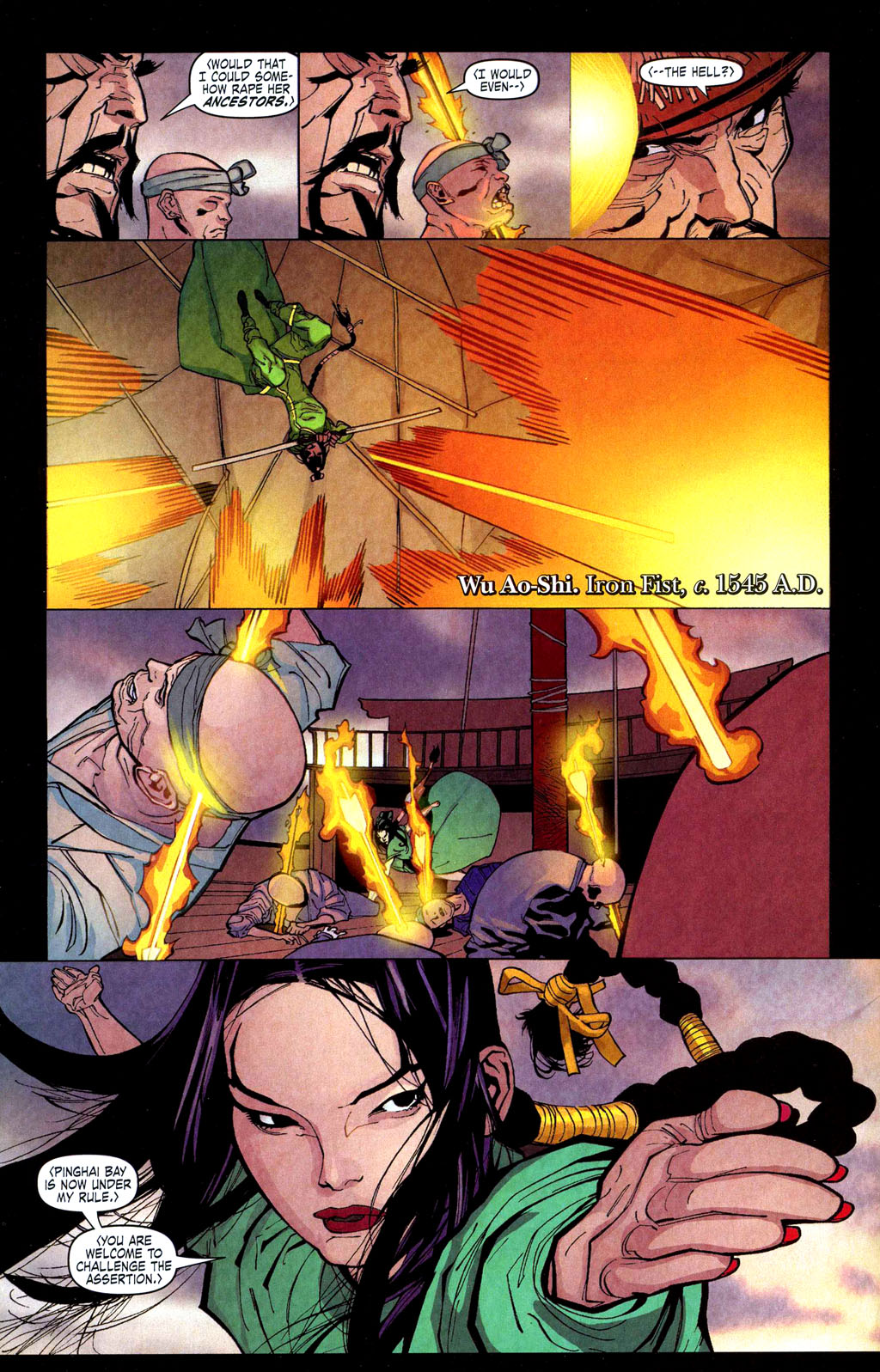 Wu Ao-Shi stands in defense of Pinghai Bay in Immortal Iron Fist Vol. 1 #2 "The Last Iron Fist Story, Part 2" (2006), Marvel Comics. Words by Ed Brubaker and Matt Fraction, art by David Aja, Matt Hollingsworth, and Dave Lanphear.