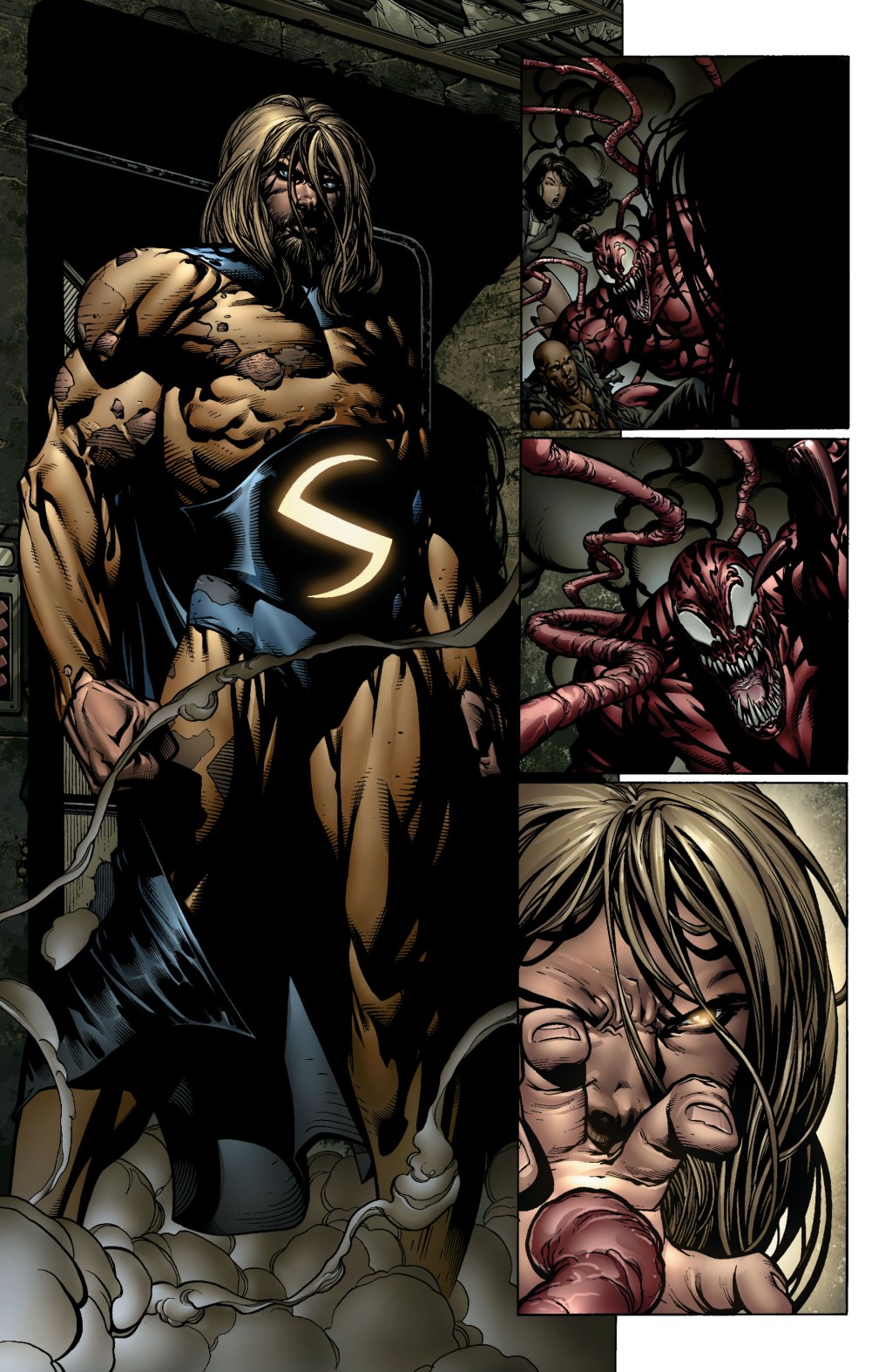 The Sentry prepares to put an easy end to Carnage in New Avengers Vol. 1 #2 "Breakout!: Part 2" (2004), Marvel Comics. Words by Brian Michael Bendis, art by David Finch, Danny Miki, Mark Morales, Frank D'Armata, Richard Starkings, and Albert Descehesne.