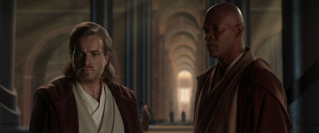 Obi-Wan Kenobi (Ewan McGregor), Master Yoda (Frank Oz), and Mace Windu (Samuel L. Jackson) discuss the future of Anakin Skywalker (Hayden Christensen) in Star Wars Episode II: Attack of the Clones (2002), Lucasfilm Ltd.