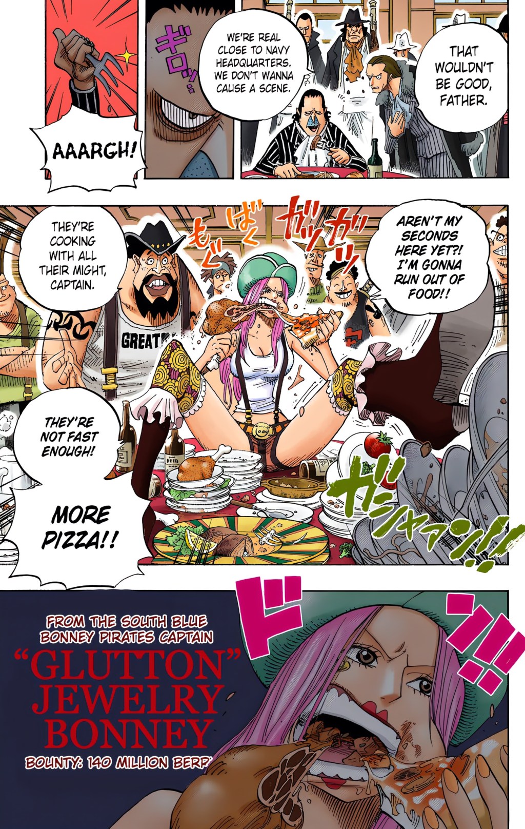 Jewelry Bonney makes her debut on the Sabody Archipelago in One Piece Chapter 489 "The Eleven Supernovas" (2008), Shueisha. Words and art by Eiichiro Oda.