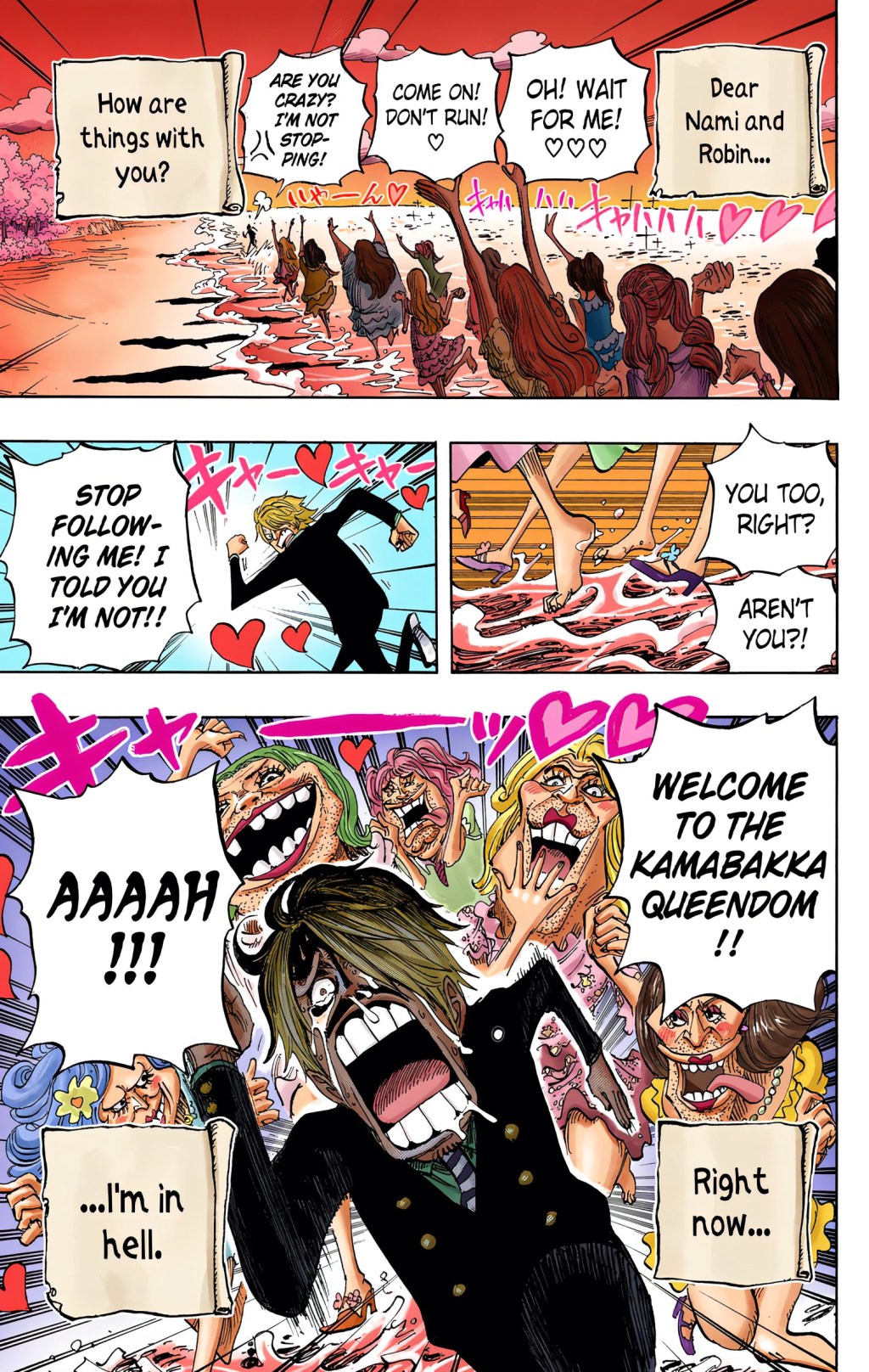 Sanji finds himself trapped on an island full of Okama in One Piece Chapter 523 "Hell" (2008), Shueisha. Words and art by Eiichiro Oda.