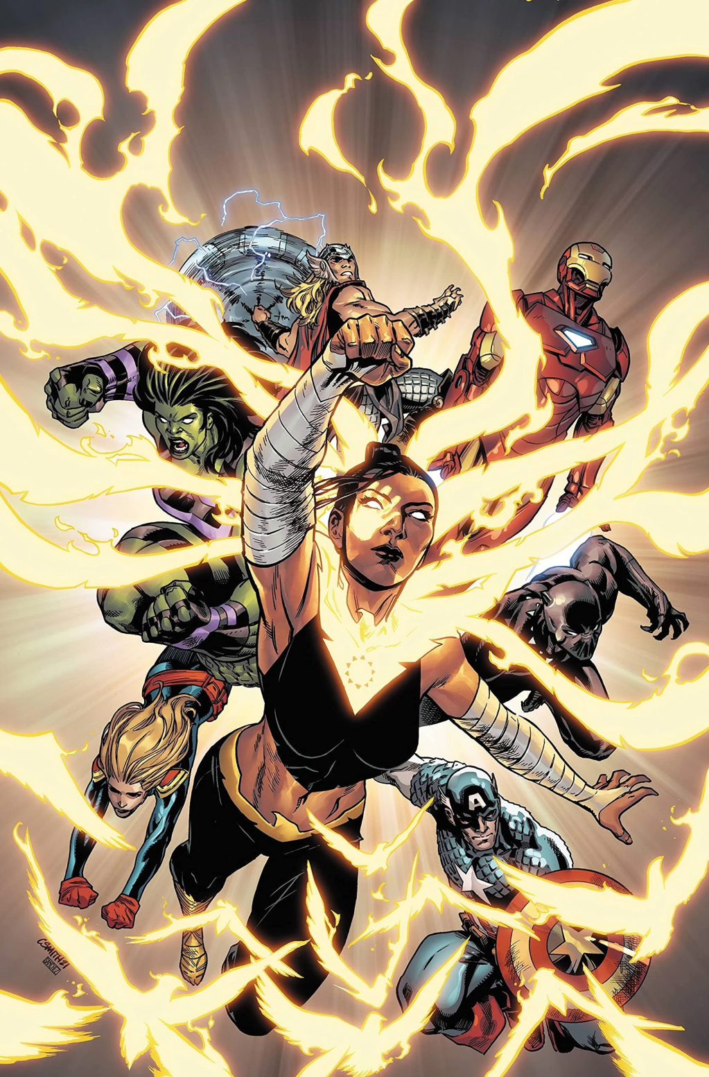 A Phoenix-fueled Echo leads the Avengers into battle on Cory Smith's cover to Phoenix: Echo Song Vol. 1 #1 (2021), Marvel Comics