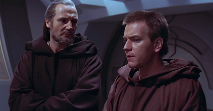 Qui-Gon Jinn (Liam Neeson) gives Obi-Wan Kenobi (Ewan McGregor) a lesson about mindfulness in Star Wars Episode I: The Phantom Menace (1999), Lucasfilm Ltd.