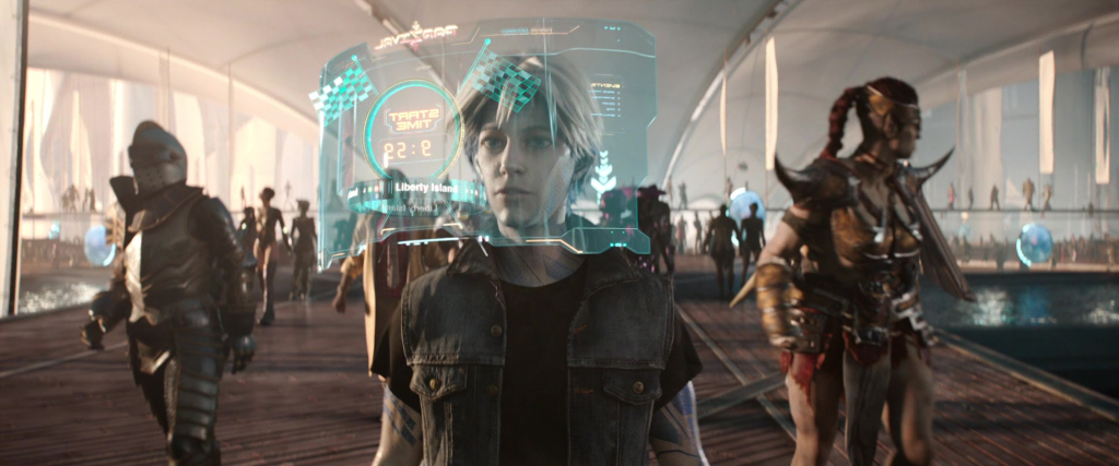 In Ready Player One (2018), a Warner Bros. movie, Parzival (Tye Sheridan) walks around the OASIS and the HUD of the next race appears in front of him.