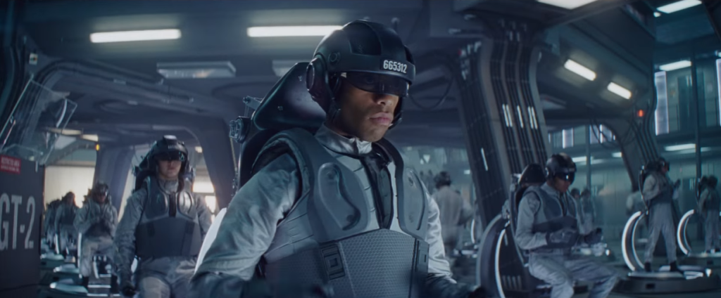 multiple "sixers" Get ready to race in the OASIS using VR equipment in Ready Player One (2018), a Warner Bros. movie