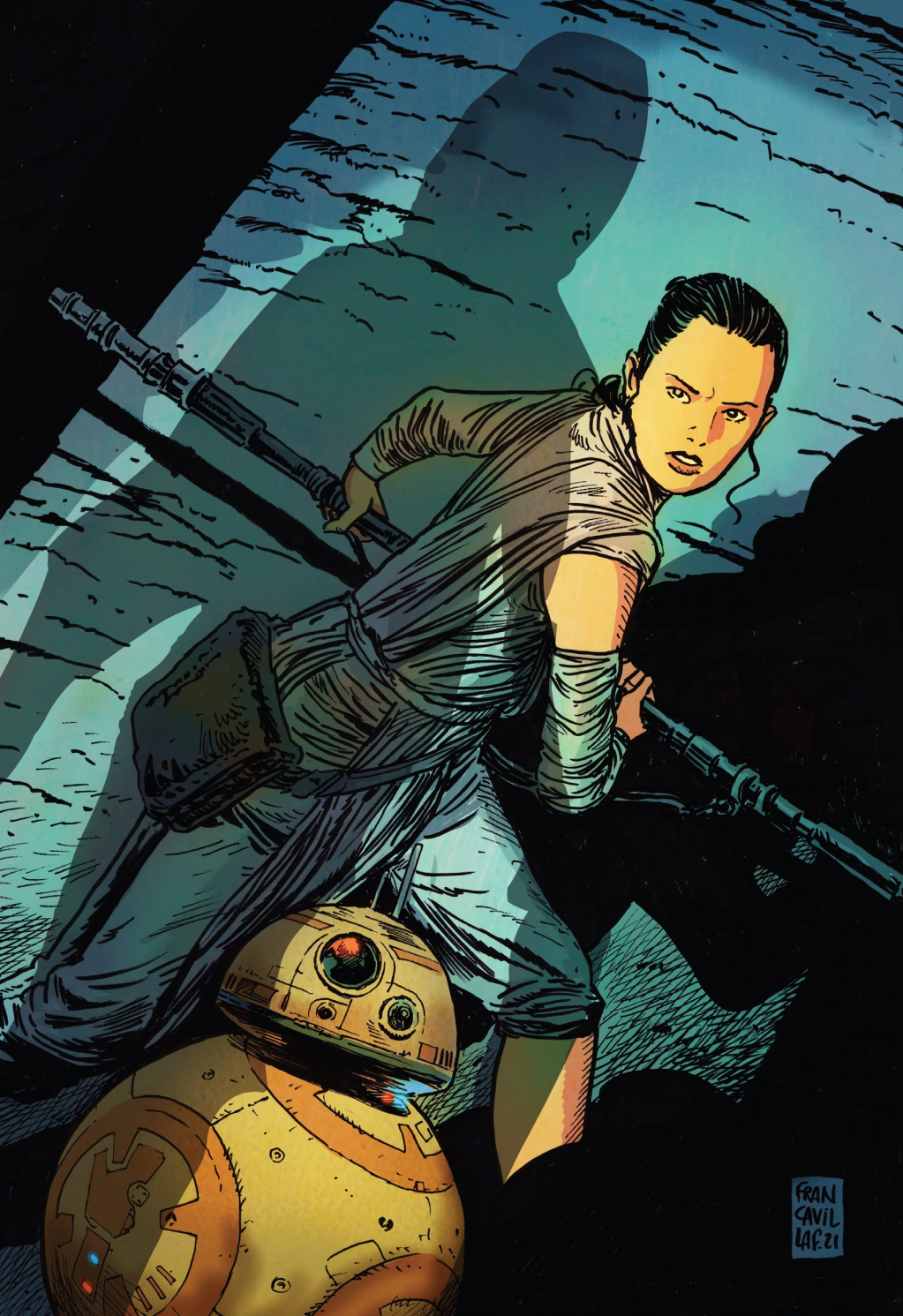 Rey and BB-8 are ambushed on Francesco Francavilla's cover to Star Wars Adventures Vol. 2 #13 (2021), IDW Publishing