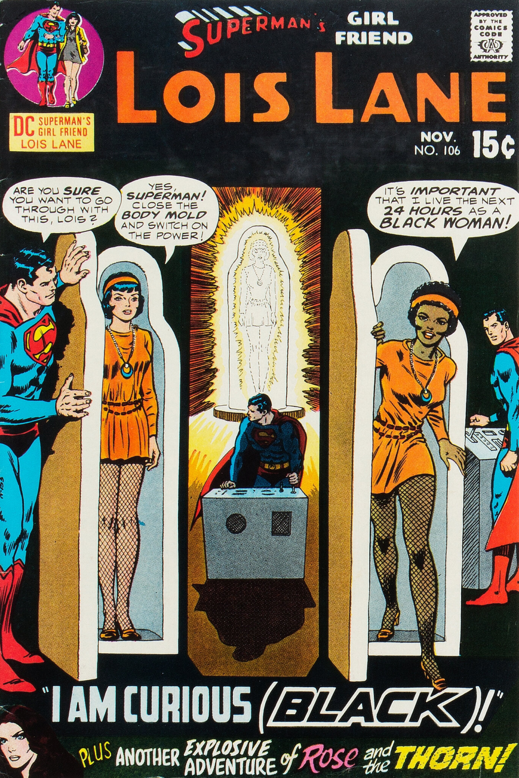 Lois Lane prepares to undergo a peculiar experiment on Curt Swan, Murphy Anderson, and Gaspar Saladino's cover to Superman's Girlfriend, Lois Lane Vol. 1 #106 "I Am Curious (Black)!" (1970), DC