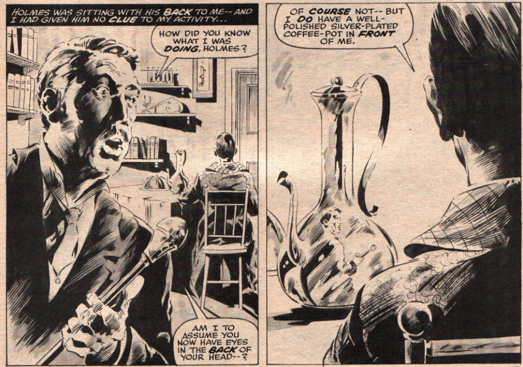 Doctor Watson is shocked by Sherlock Holmes' detective skills in Marvel Preview Vol. 1 #5 "Part One: The Hound of Baskervilles - The Problem" (1976), Marvel Comics. Words by Arthur Conan Doyle and Doug Moench, art by Val Mayerik, Dan Adkins, and Joe Rosen.