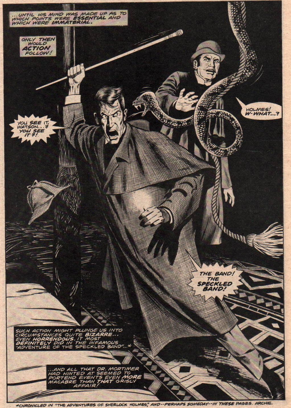Sherlock Holmes warns Doctor Watson of an impending danger in Marvel Preview Vol. 1 #5 "Part One: The Hound of Baskervilles - The Problem" (1976), Marvel Comics. Words by Arthur Conan Doyle and Doug Moench, art by Val Mayerik, Dan Adkins, and Joe Rosen.
