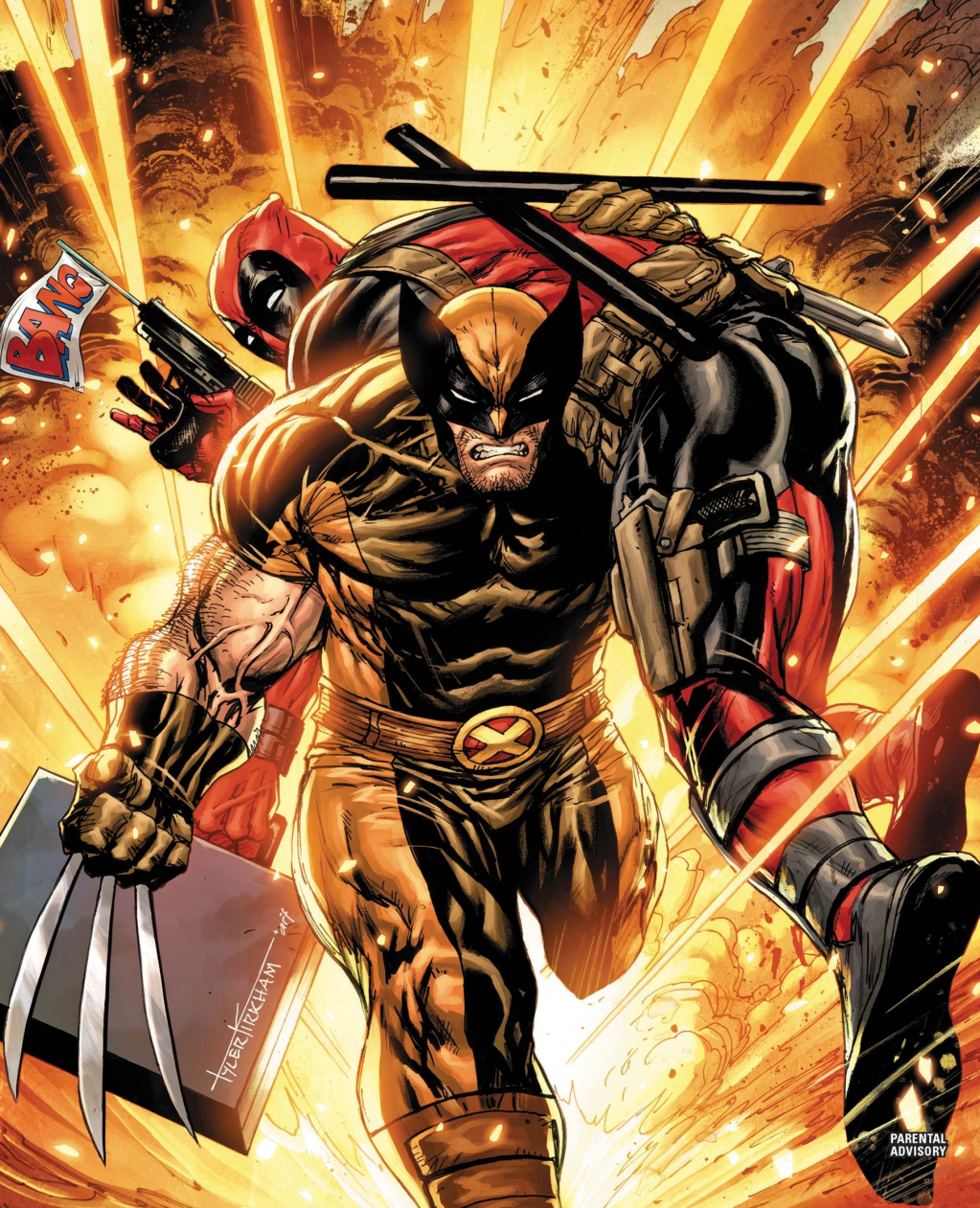Wolverine hauls away Deadpool on Tyler Kirkham's variant cover to Wolverine Vol. 7 #20 "Trigger Warning" (2022), Marvel Comics