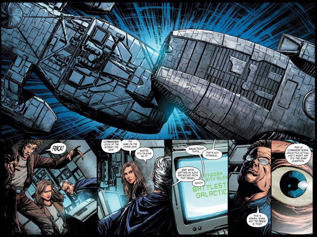The two versions of the titular ship literally collide in Battlestar Galactica BSG vs. BSG Vol. 1 #2 (2018), Dynamite Entertainment. Words by Peter David, art by Johnny Desjardins, Kim Mohan, and Taylor Esposito.