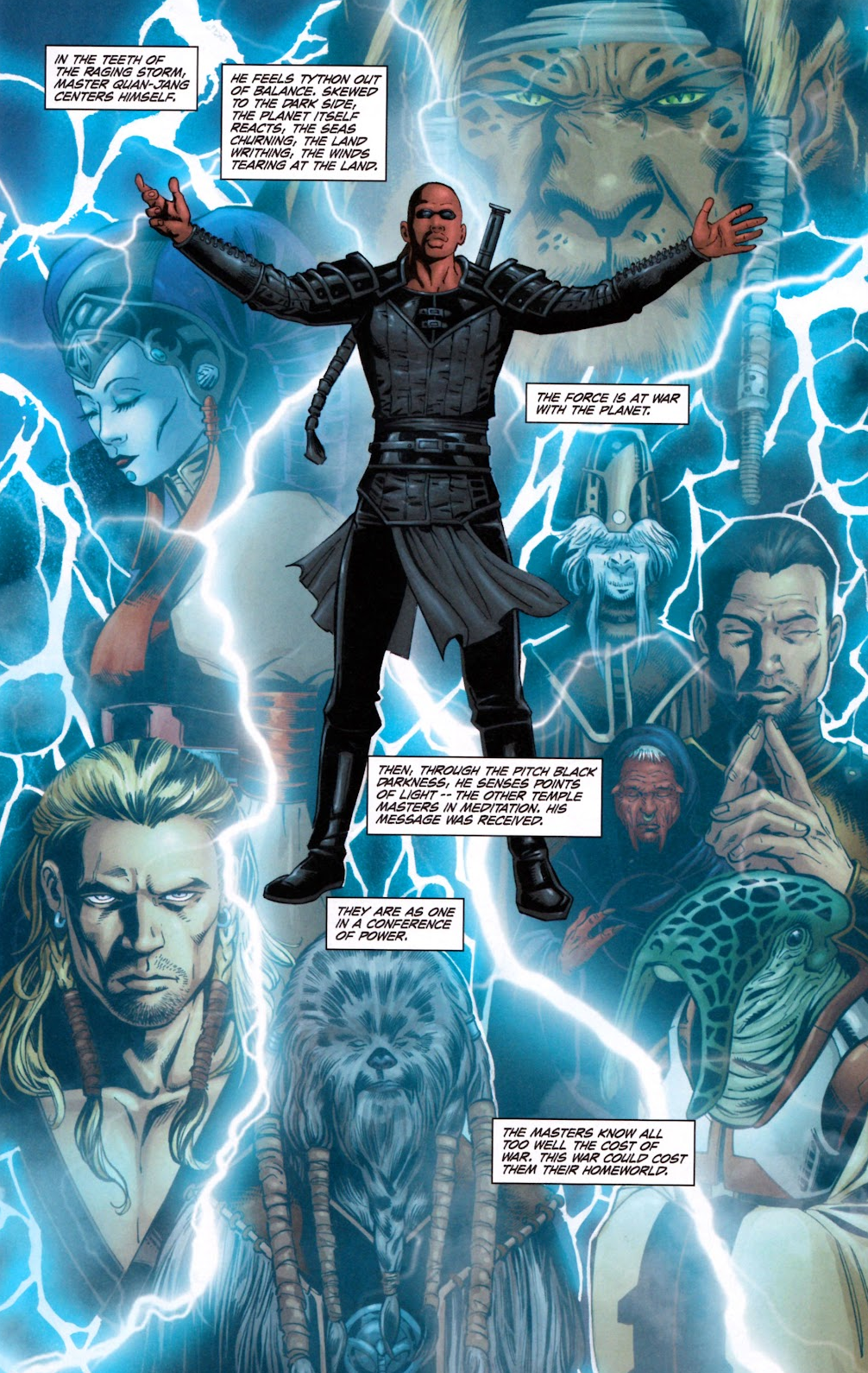 Quan-Jang reaches out to his fellow Je'daii practitioners in Star Wars: Dawn of the Jedi - Force War Vol. 1 #5 (2014), Dark Horse Comics. Words by John Ostrander, art by Jan Duursema, Darn Parsons, Wes Dzioba, and Michael Heisler.