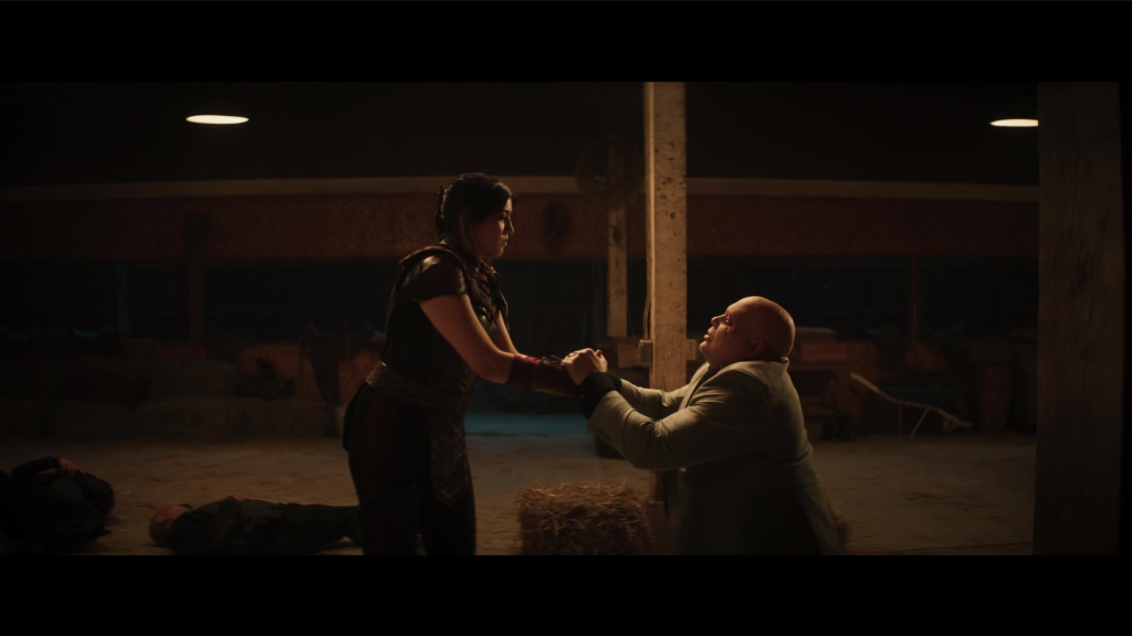 Maya (Alaqua Cox) brings Wilson Fisk (Wilson Fisk) to his knees in Echo Season 1 Episode 5 "Maya" (2023), Marvel Entertainment