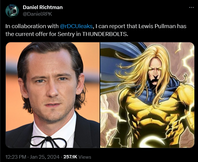 Daniel Richtman brings word that Lewis Pullman is being looked at to play Sentry in Marvel's 'Thunderbolts'