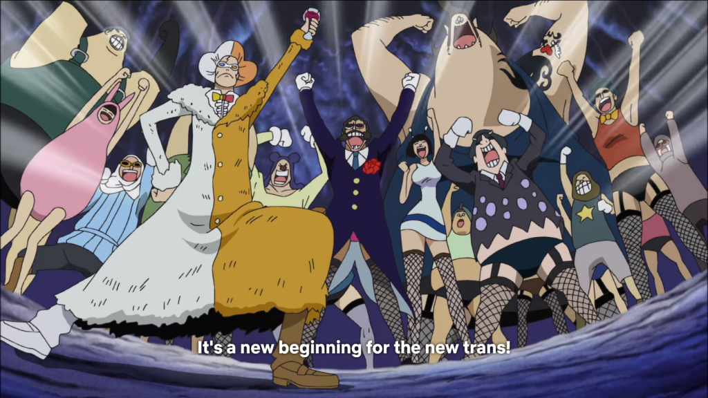The New Kama declaration as it appears in Netflix's English sub localization of One Piece Episode 441"Luffy Revives! Iva-san's Jailbreak Plan Begins!!" (2010), Toei Animation