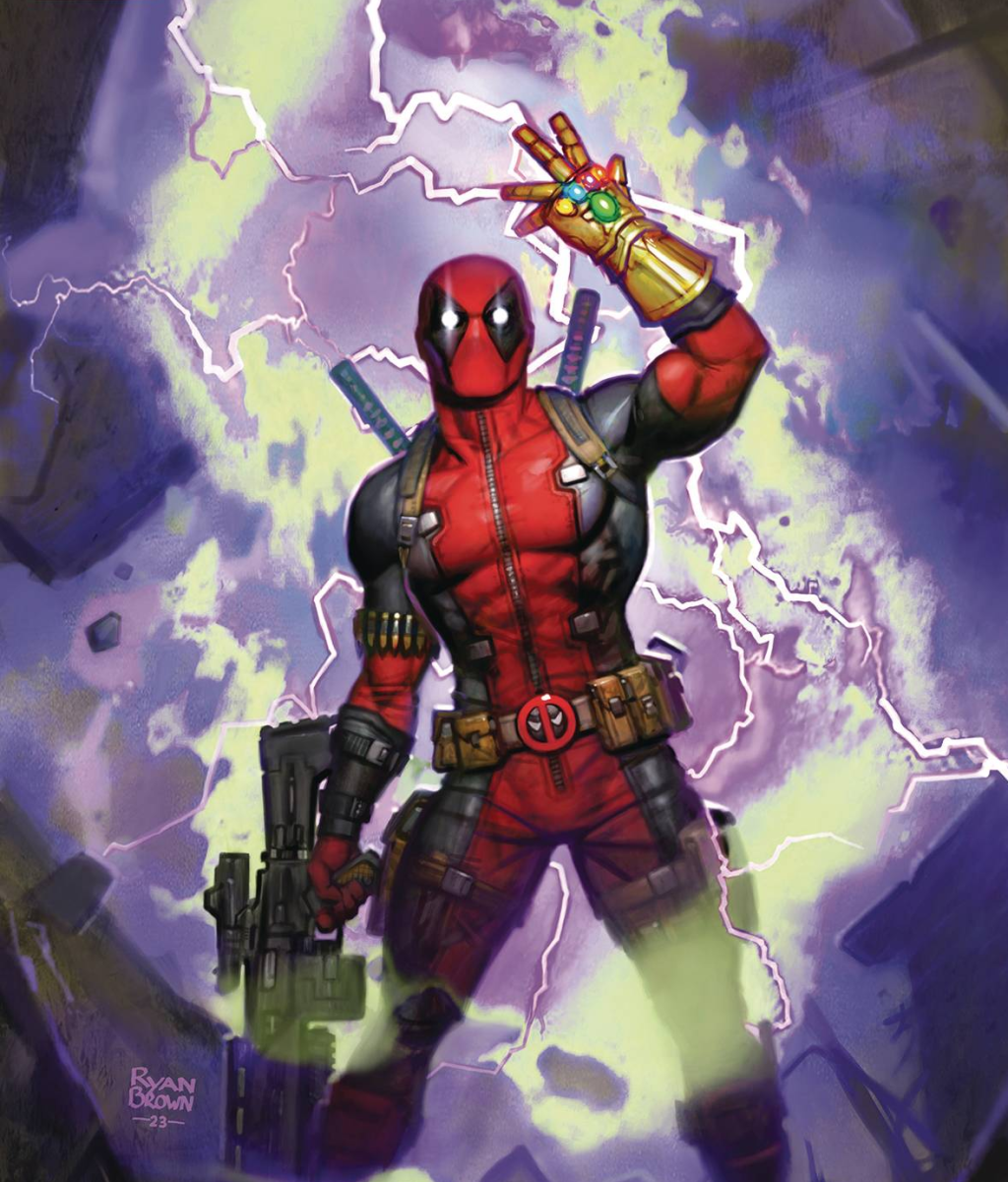 Deadpool wields the Infinity Gauntlet on Ryan Brown's variant cover to Deadpool: Seven Slaughters Vol. 1 "Possibilities/Tuesday/Lady Anime/Walking Papers/No Spider Blues/Tunnel of Love/Love at First Slaughter" (2023), Marvel Comics