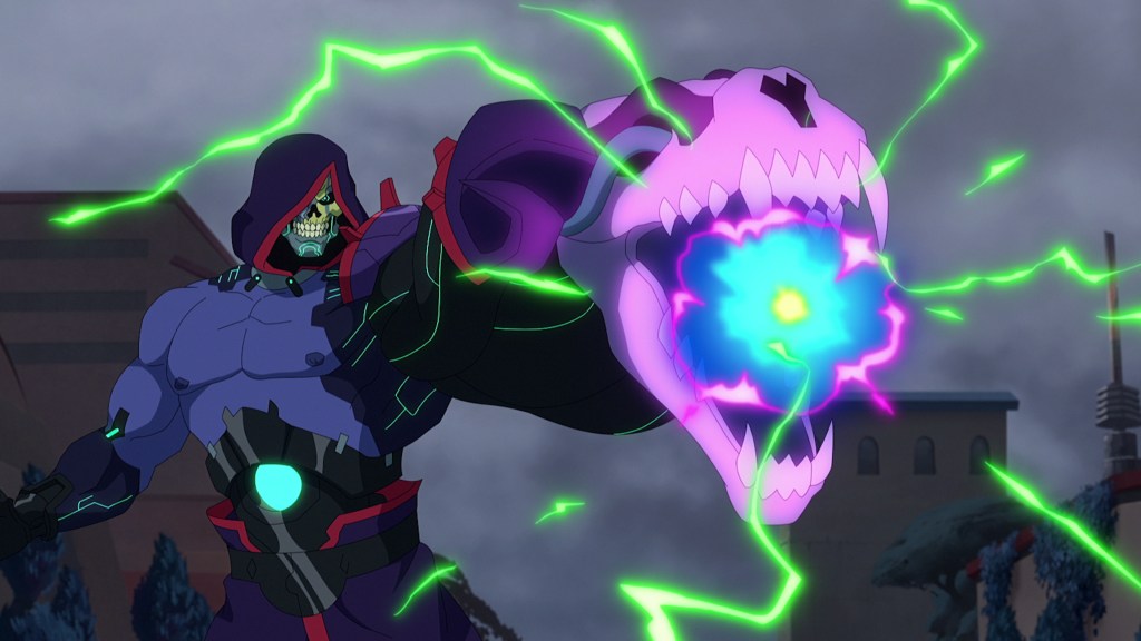 Skeletor (Mark Hamill) charges up his Mega Buster in Masters of the Universe: Revolution. Cr. COURTESY OF NETFLIX © 2024