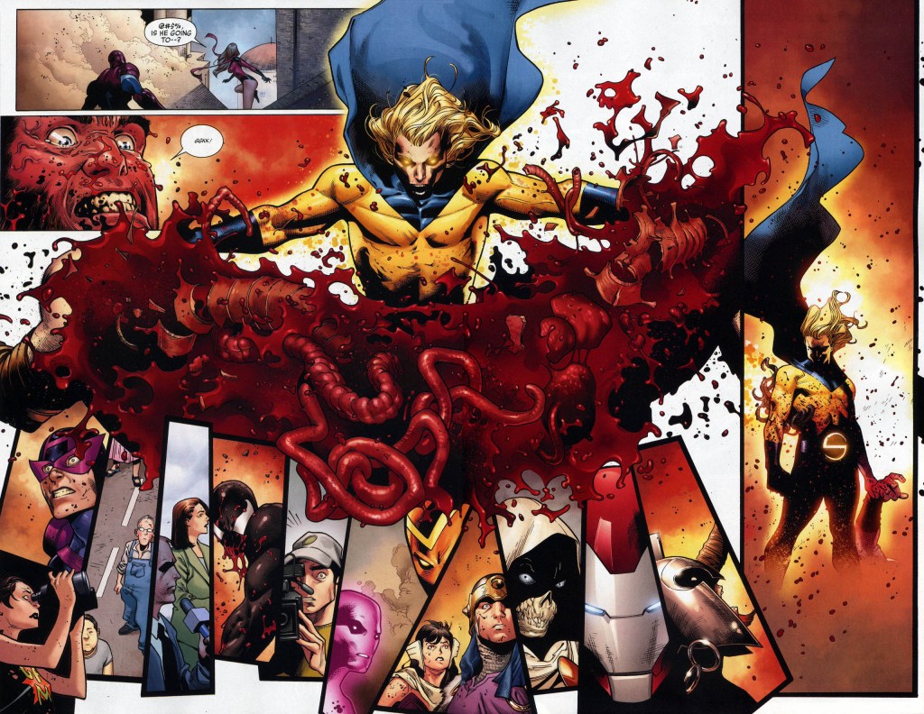 The Sentry rips apart Ares at the request of Norman Osborn in Siege Vol. 1 #2 (2010), Marvel Comics. Words by Brian Michael Bendis, art by Olivier Copiel, Mark Morales, Laura Martin, and Chris Eliopoulos.