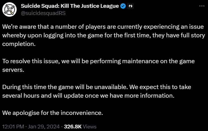 Rocksteady Studios announces that Suicide Squad: Kill The Justice League needs to be pulled offline to fix a bug that completes a new save file via Twitter