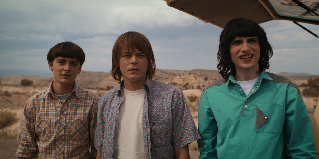 STRANGER THINGS. (L to R) Noah Schnapp as Will Byers, Charlie Heaton as Jonathan Byers and Finn Wolfhard as Mike Wheeler in STRANGER THINGS. Cr. Courtesy of Netflix © 2022