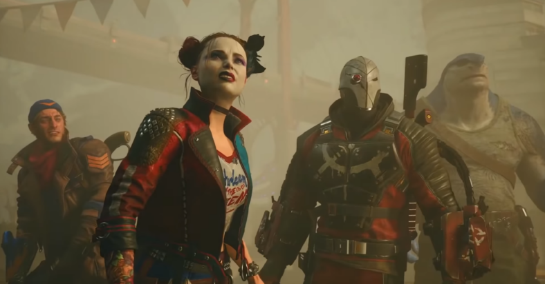 Captain Boomerang (Daniel Lapaine), Harley Quinn (Tara Strong), Deadshot (Bumper Robinson), and King Shark (Samoa Joe) stare in confusion through dust and debris via Suicide Squad: Kill the Justice League (2023), Warner Bros. Games