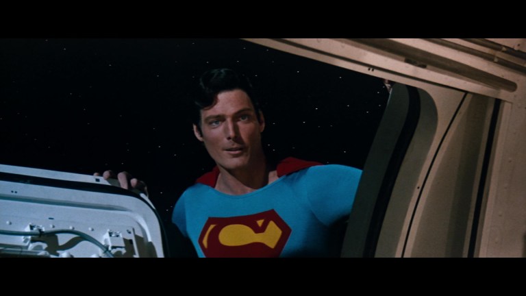 Superman (Christopher Reeve) saves an astronaut in Superman IV: The Quest For Peace (1987), Warner Bros. Pictures