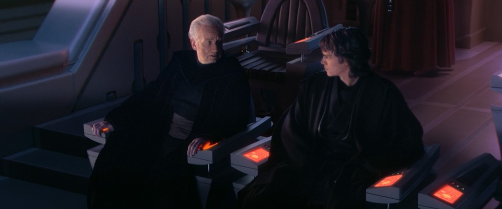 Supreme Chancellor Sheev Palpatine (Ian McDiarmid) cleverly manipulates Anakin Skywalker (Hayden Christensen) in Star Wars Episode III: Revenge of the Sith (2005), Lucasfilm Ltd.