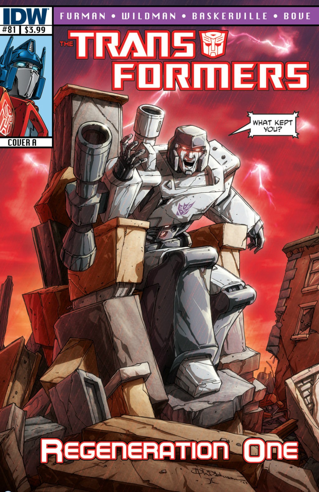 The Transformers Regeneration One #81 "Loose Ends, Part 1" (2012), IDW Publishing. Words by Simon Furman. Art by Andrew Wildman, Stephen Baskerville, and John-Paul Bove.
