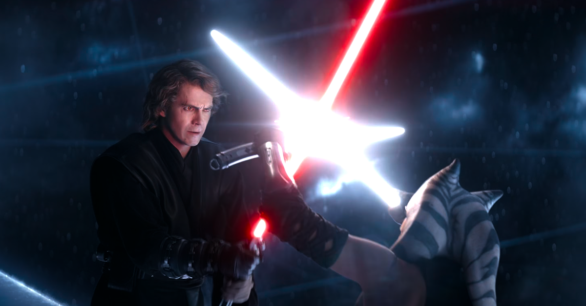 Ahsoka (Rosario Dawson) enfrenta Darth Vader (Hayden Christensen) em “Star Wars: Ahsoka”, episódio 5, “Shadow Warrior” (2023), Disney+