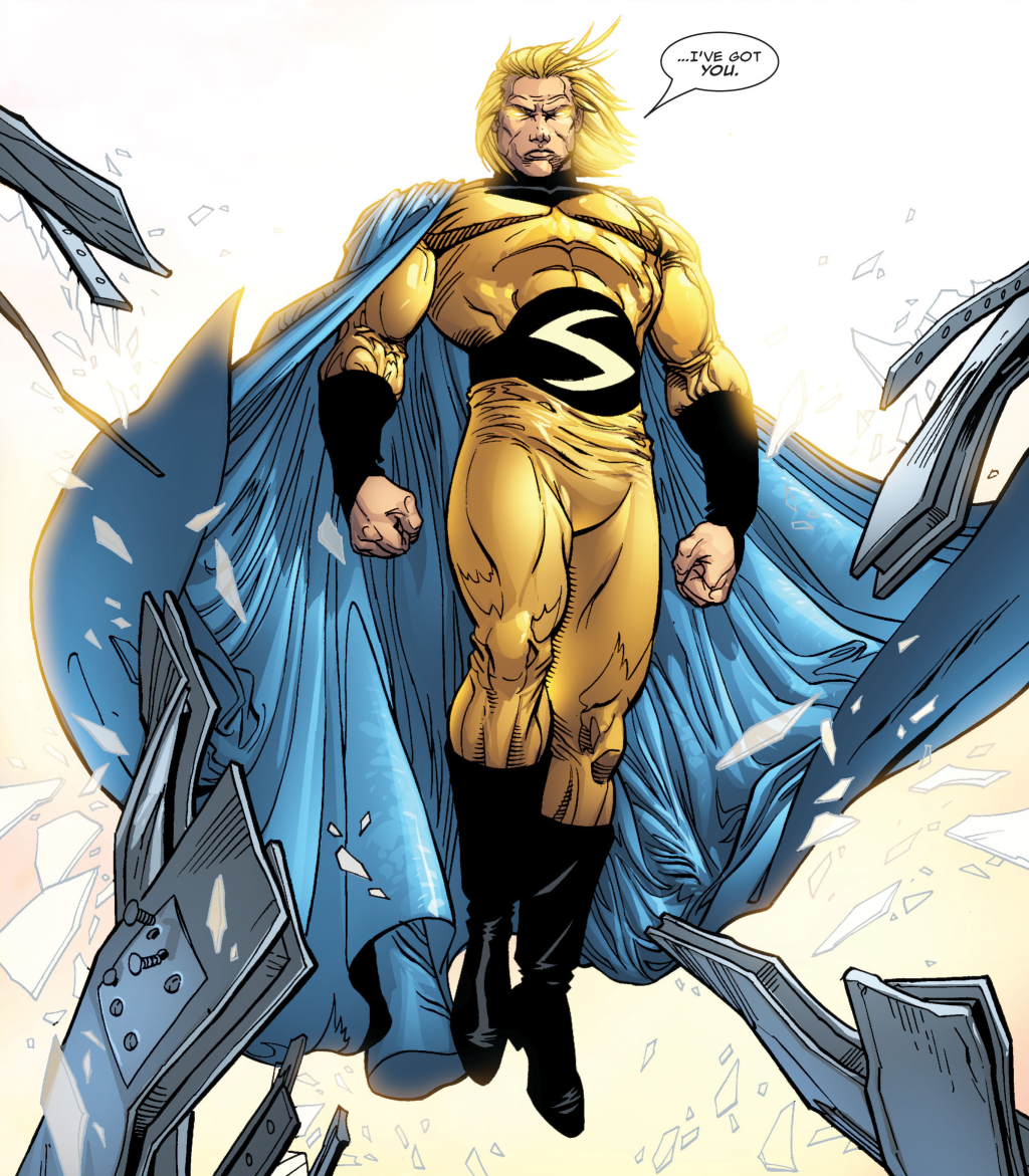 The Sentry confronts the Armored Avenger in Iron Man Vol. 4 #10 "Execute Program (Part IV of VI) (2006), Marvel Comics. Words by Daniel and Charles Knauf, art by Patrick Zircher, Scott Hanna, Studio F, Antonio Fabela, and Joe Caramagna.