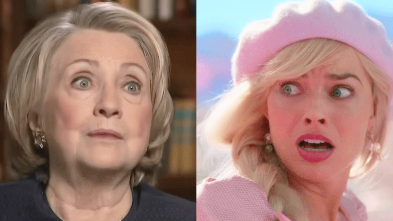 Hillary Clinton warns Christiane Amanpour about the dangers of Donald Trump (2023), CNN / Barbie (Margot Robbie) is surprised to find Ken (Ryan Gosling) was stowing away in her car in Barbie (2023), Warner Bros. Pictures