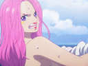 Adult Jewelry Bonney (Reiko Takagi) wringing the water out of her shirt in One Piece Episode 1090 "A New Island! Future Island Egghead" (2024), Toei Animation