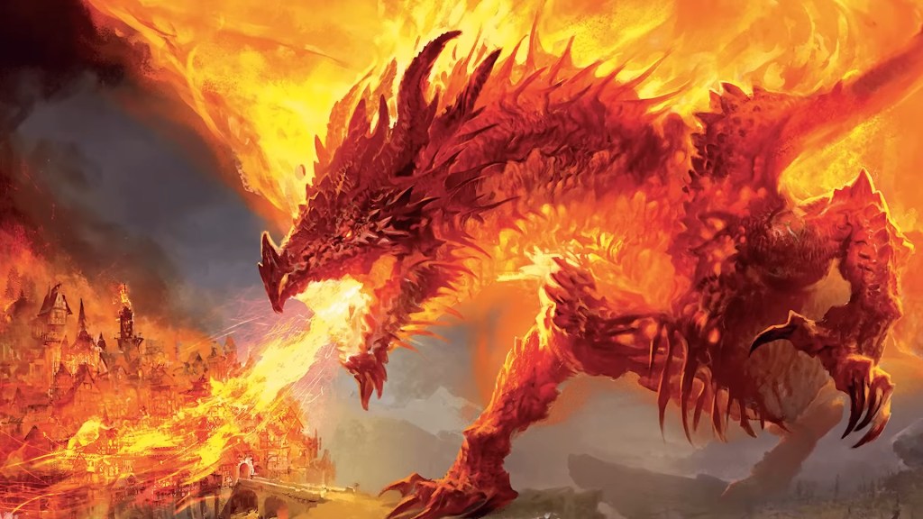 Un dragon allume un village en feu dans Dungeons & Dragons' The Practically Complete Guide to Dragons (2023), Wizards of the Coast