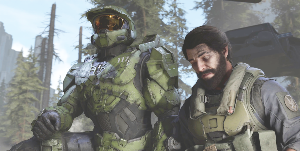 Fernando Esparza (Nicholas Roye) turns to Master Chief (Bruce Thomas) for hope in Halo Infinite (2021), 343 Industries