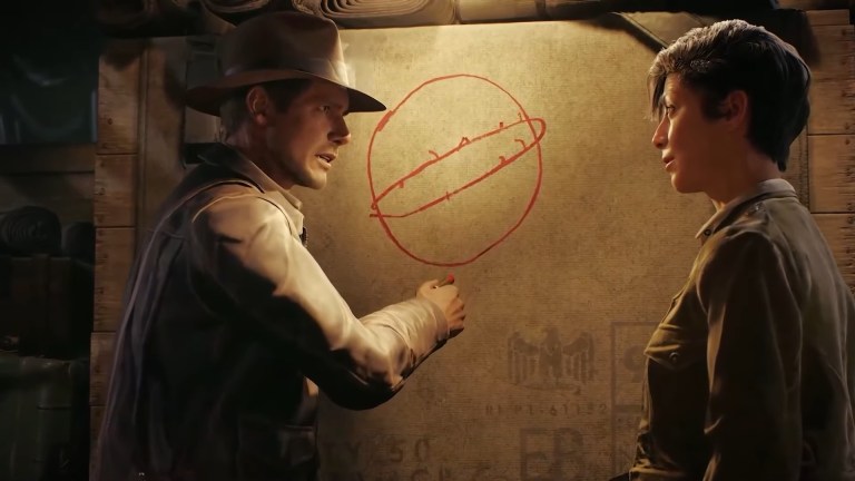 Indiana Jones (Troy Baker) explains the adventure's titular subject to Gina Lombardi (Alessandra Mastronardi) in Indiana Jones and the Great Circle (2024), MachineGames