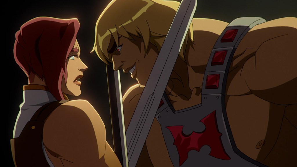 Teela (Sarah Michelle Gellar) clashes with a malicious vision of He-Man (Chris Wood) in Masters of the Universe Revelation Season 1 Episode 2 "The Poisoned Chalice" (2021), Netflix
