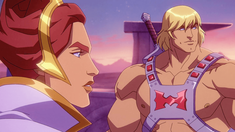 He-Man (Chris Wood) and Teela (Sarah Michelle Gellar) take on Snake Mountain in Masters of the Universe Revelation Season 1 Episode 2 "The Poisoned Chalice" (2021), Netflix